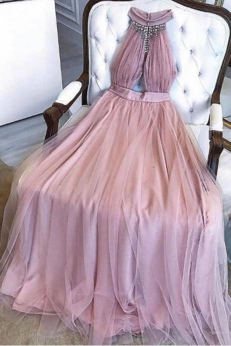 Pink Tulle O Neck Long Backless Beaded Prom Dress, Evening Dress