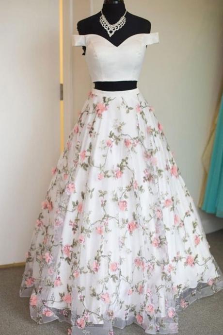White Floral Tulle Long Two Pieces Prom Dress, White Strapless Evening Dress