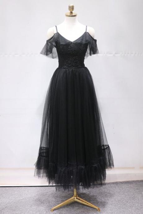 Simple Black Tulle Off Shoulder V Neck Ankle Length Prom Dress, Party Dress