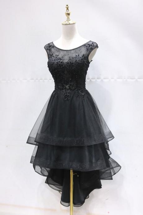 Black Tulle Round Neck High Low Homecoming Dress, Prom Dress With Applique