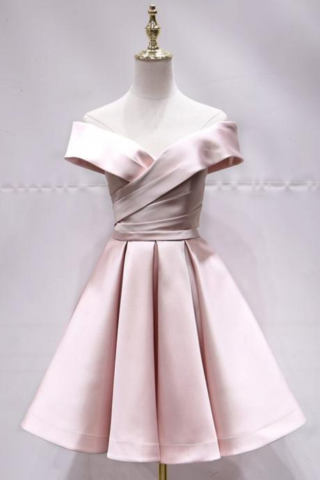 Pink Satin V Neck Short Off Shoulder Prom Dress, Pink Bridesmaid Dress