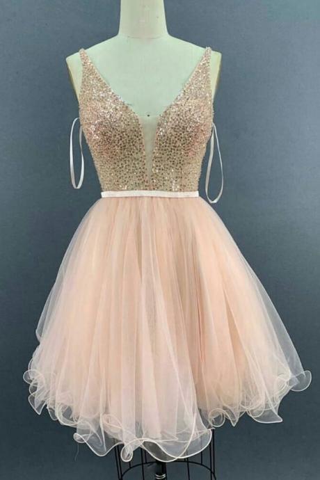 Pink Tulle V Neck Short Prom Dress, Short Sequins Party Dress