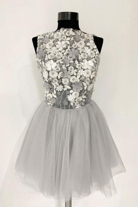 Gray Tulle 3D Flower Lace Short Prom Dress, Beaded Homecoming Dress