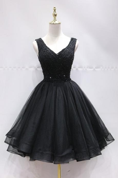 Black Tulle Lace Mini Prom Dress, Beaded Lace Up Homecoming Dress