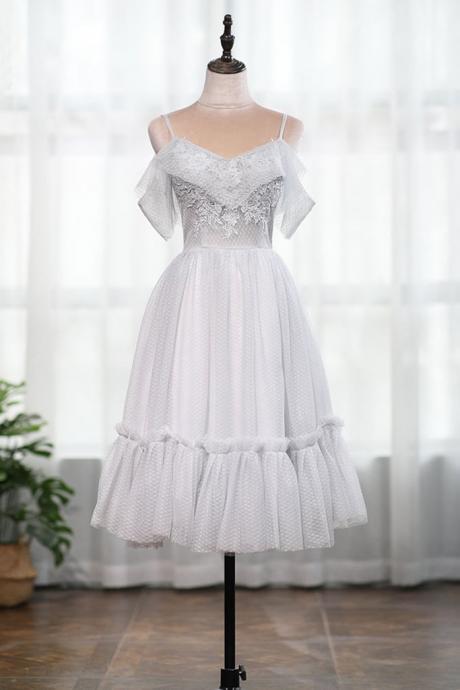 White Tulle Short V Neck Short Sleeve Prom Dress, Party Dress With Applique