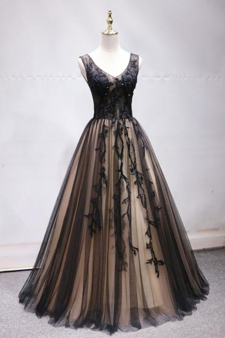 Black Tulle V Neck Long Lace Applique Evening Dress, Prom Dress