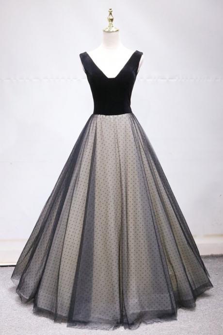 Black Spotted Tulle V Neck Long Halter Prom Dress, Formal Dress