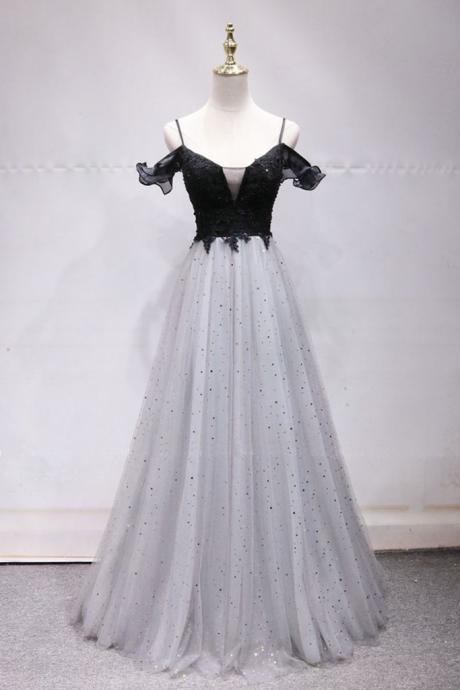 Black And White Star Floral Tulle Long Prom Dress, Off Shoulder Evening Dress