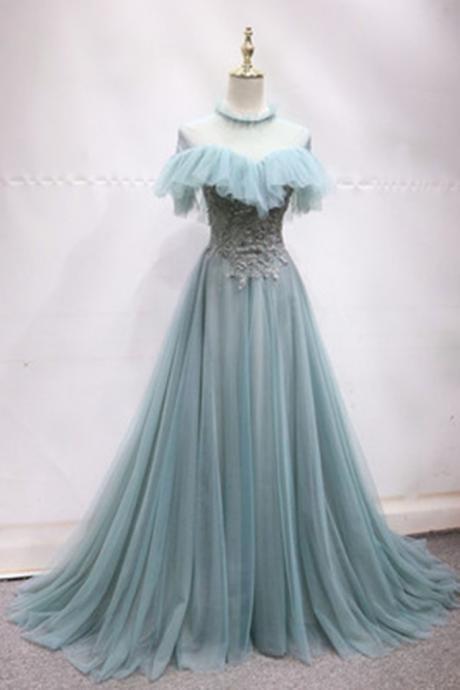 Light Blue Tulle O Neck Long Sequins Lace Applique Senior Prom Dress With Sleeve
