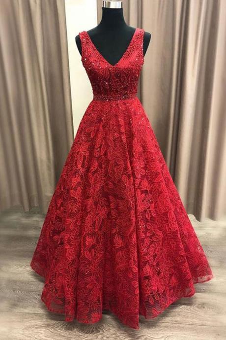 Red Flower Lace V Neck Beaded Waistline Long Senior Prom Dress, Formal Dress