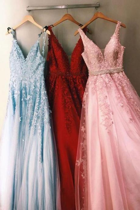 Stylish Multi-color Tulle Lace V Neck Long Prom Dress, Halter Evening Dress