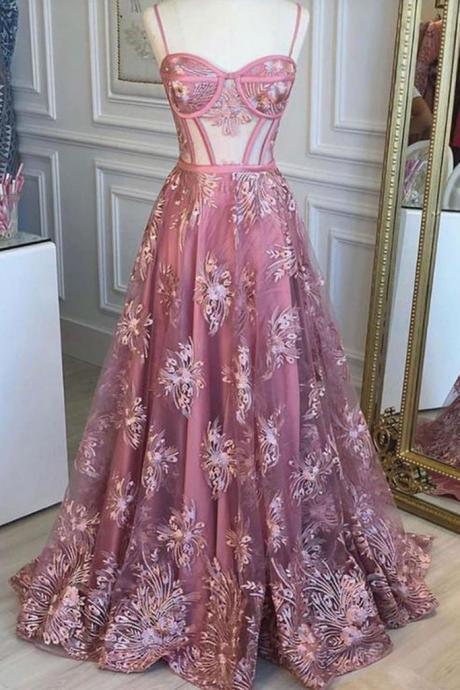 Pink Lace Tulle Sweetheart Neck Long Senior Prom Dress, Pink Evening Dress