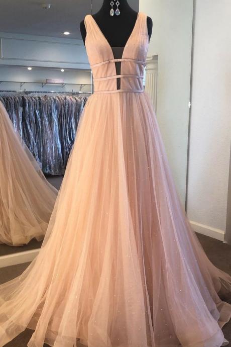 Simple Pink Tulle Deep V Neck Long Prom Dress, Halter Party Dress