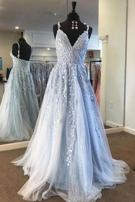 Baby Blue Tulle V Neck Long Lace Senior Prom Dress, Halter Evening Dress