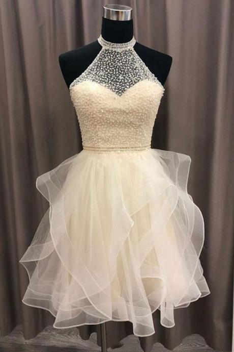 Champagne Tulle Crystal Beaded Short Prom Dress, Ruffles Homecoming Dress