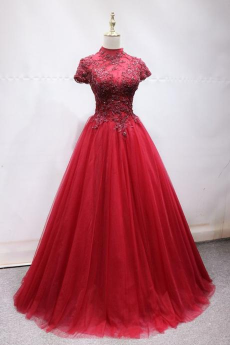Red Tulle Beaded Short Sleeve O Neck Long Beaded Senior Prom Dress, Formal Dress
