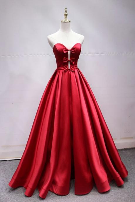 Sweetheart Neck Red Satin Lace Up Long Prom Dress With Bowknot