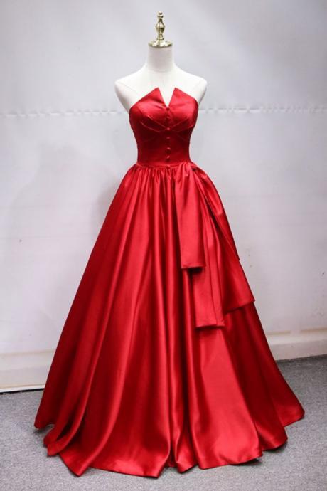 Red Satin Strapless V Neck A Line Long Pageant Prom Dress, Evening Dress