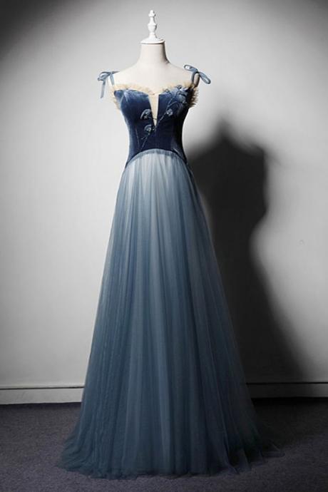 Blue Gray Tulle Velvet Spaghetti Straps Long Senior Prom Dress, Beaded Evening Dress