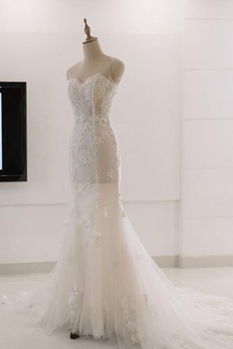 Sweetheart White Tulle Lace Sweep Train Mermaid Wedding Dress, Formal Prom Dress