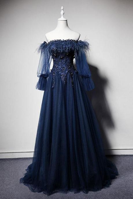 Navy Blue Tulle Lace Off Shoulder Floor Length Custom Size Prom Dress With Sleeve