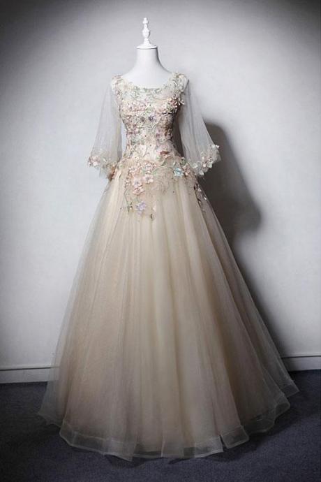 Light Champagne Mid Sleeve Long Lace Up Senior Prom Dress With Applique