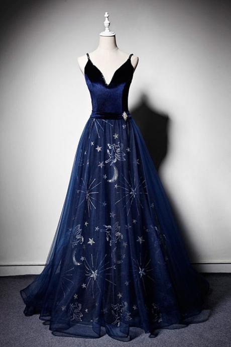 Deep Blue Velvet Floral Tulle Long V Neck Pageant Prom Dress, Evening Dresses