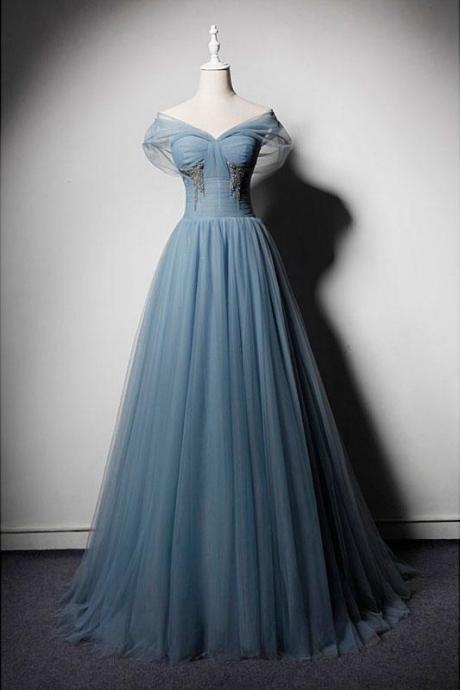Blue Tulle V Neck Off Shoulder Long Senior Prom Dress, Evening Dress