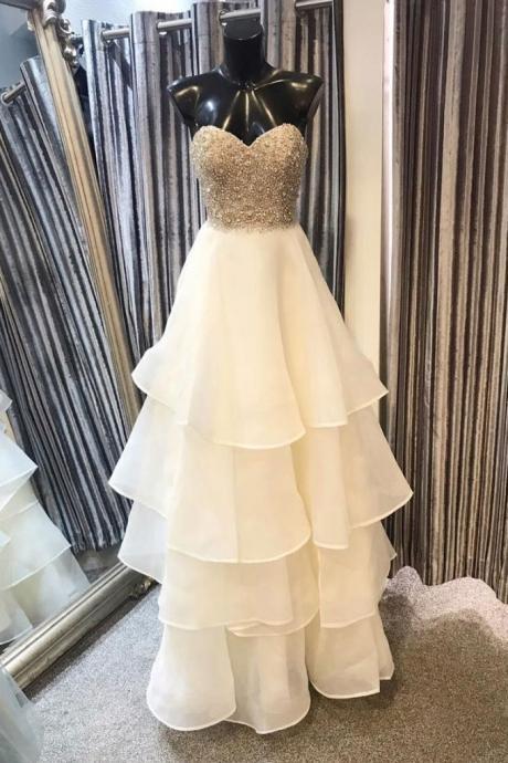 White Tulle Sweetheart Neck Long Strapless Prom Dress, Beaded White Formal Dress