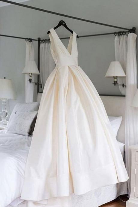 Simple Ivory Satin V Neck Long Senior Prom Dress, Evening Dress