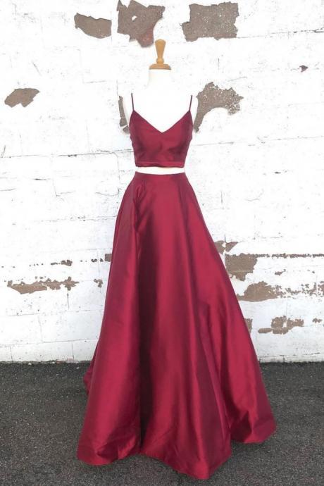 Burgundy Satin 2pieces Long Prom Dress, Homecoming Dresses