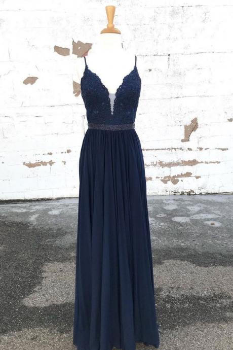 Navy Blue Chiffon Lace Long Spaghetti Straps Evening Dress, Prom Dress