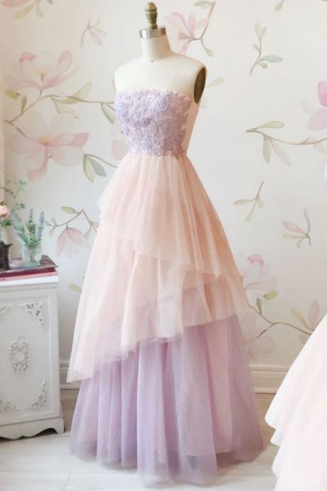 Elegant Lilac Lace Strapless Long Tulle Layered Prom Dress, Party Dress