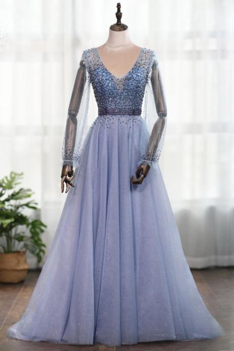 Dusty Blue Long Sleeves Deep V-neck Beaded Pearl Prom Dress, Formal Dress