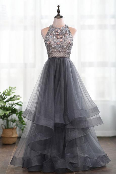 Grey Tulle 3d Flowers Backless Heavy Beading High Neck Long Prom Dress, Evening Dress