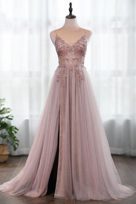 Dusty Pink Sexy V-neck See Through Heavy Beading High Slit Prom Dress, Evening Dress