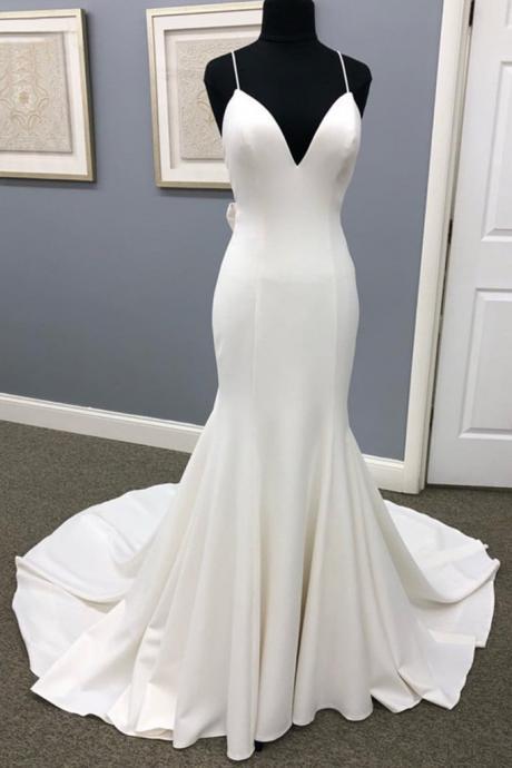 Ivory Satin Spaghetti Straps Open Back Sweet Train Wedding Dress, Formal Prom Dress