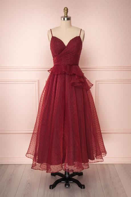 Burgundy Tulle Spaghetti Straps Tea Length A Line Prom Dress, Party Dress