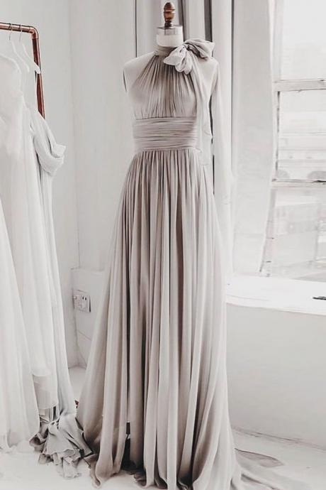 Simple Gray Chiffon Strapless Long A Line Prom Dress, Evening Dress