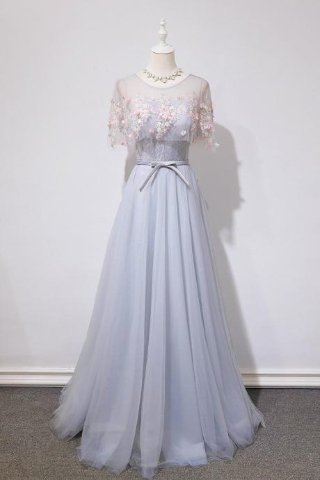 Gray Tulle Round Neck Flower Lace Applique Long Senior Prom Dress, Evening Dress