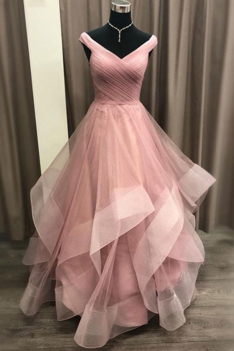 Simple Pink Tulle V Neck Long Ruffles A Line Evening Dress, Formal Prom Dress