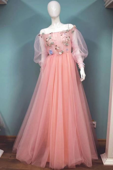 Pink Tulle Lace Applique Strapless Long A Line Prom Dress, Evening Dress With Sleeve