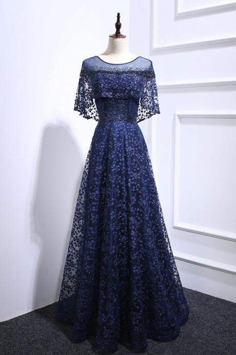 Navy Blue Floral Lace Long Beaded Prom Dress, Long Lace Up Evening Dress