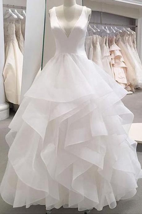 White Tulle Ruffles V Neck Lace Up Wedding Dress, Long Formal Prom Dress