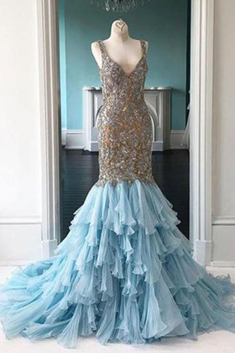 Custom Made Blue Tulle Long Mermaid Beaded Prom Dress, Formal Dress