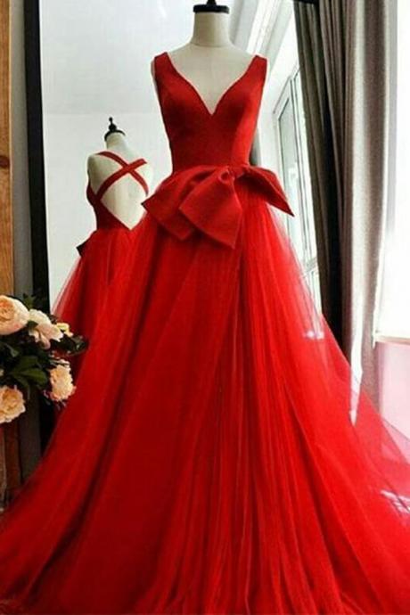 Simple Red Satin Tulle V Neck Cross Back Long Senior Prom Dress, Party Dress