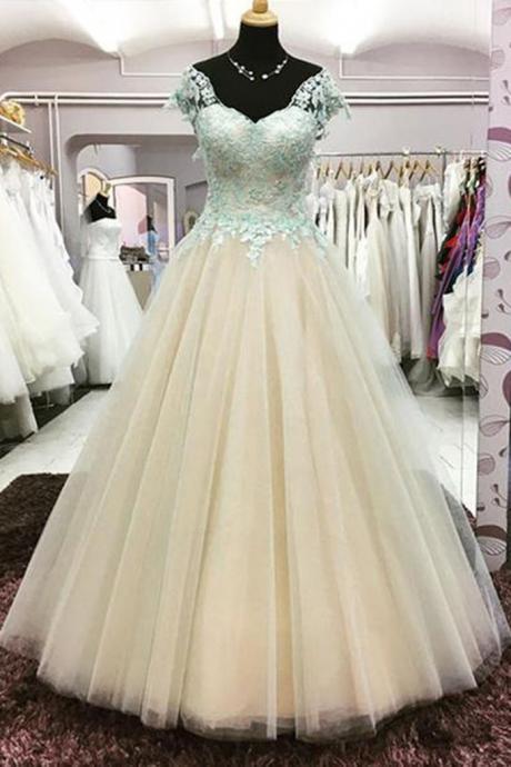 Champagne Tulle Mint Lace Cap Sleeve Floor Length Senior Prom Dress, Evening Dress