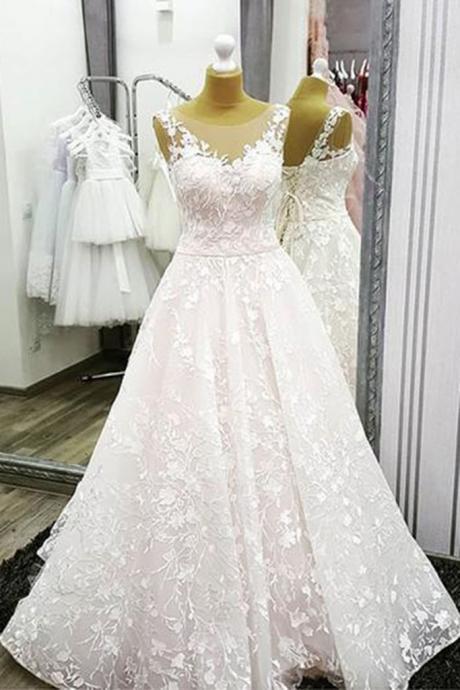 White Flower Lace Round Neck Long Lace Up Prom Dress, White Wedding Dress