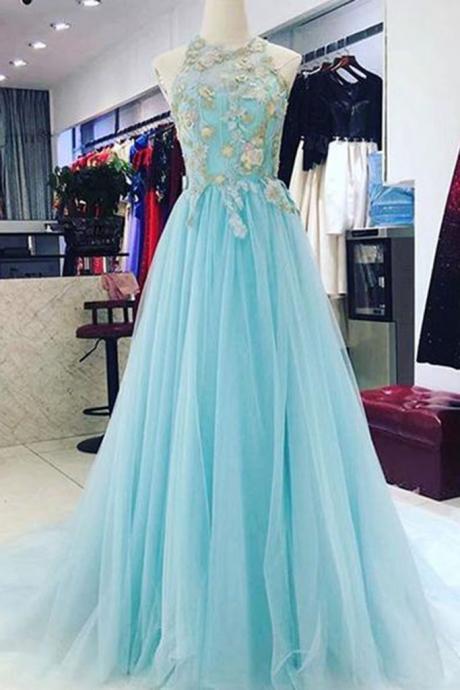 Blue Tulle Round Neck Lace Long Strapless Prom Dress, Evening Dress