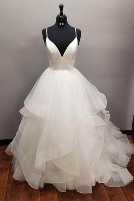 White Tulle Long Multi-layered Ball Prom Dress, White Tulle Wedding Dress